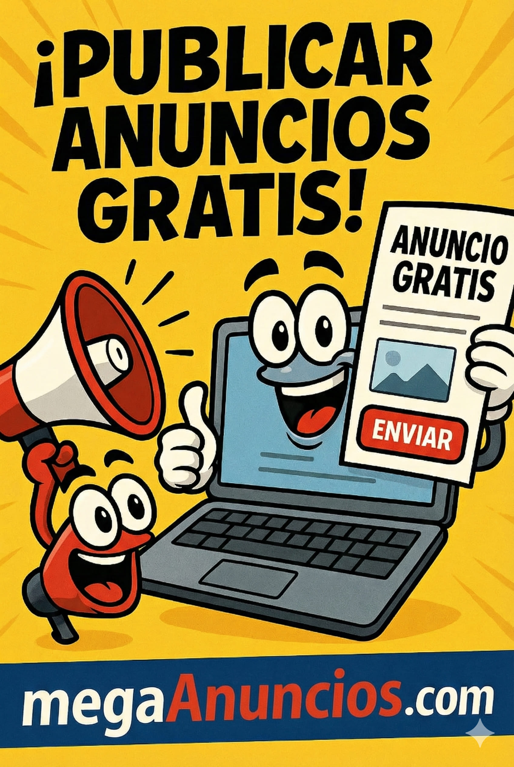 Dibujo de personaje PC con un formulario para publicar y enviar anuncios gratis de mega anuncios